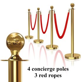 [Gold Stanchion with Red Rope] 4pcs 37in Stainless Steel Gold Stanchion with Ball Top | 3pcs 5ft/1.5m Red Rope Crowd Control Barrier for Theaters